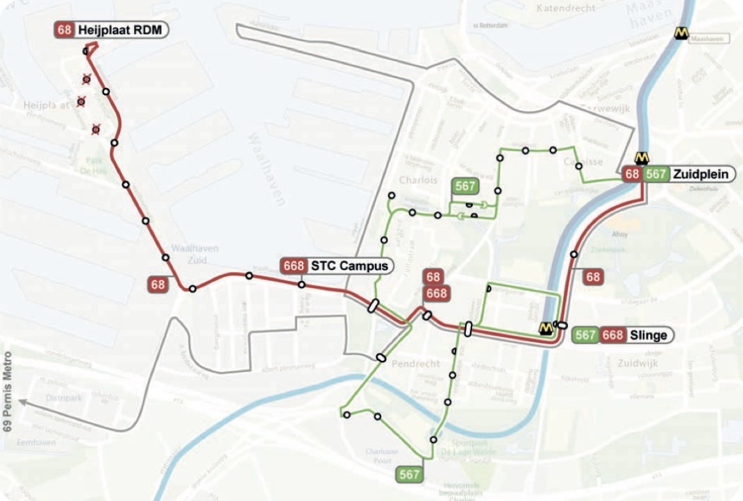 Concept Vervoersplan 2027: bus 68 gaat heen en terug over Droogdokweg. Heijplaat gaat haltes op het dorp verliezen!